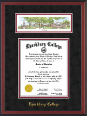 Image of Lynchburg College Diploma Frame - Cherry Reverse - w/Embossed School Name Only - Campus Collage - Black Suede on Crimson mat