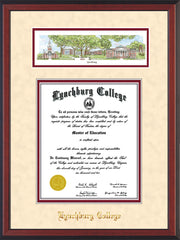 Image of Lynchburg College Diploma Frame - Cherry Reverse - w/Embossed School Name Only - Campus Collage - Cream Suede on Crimson mat