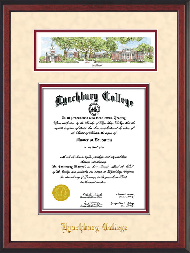 Image of Lynchburg College Diploma Frame - Cherry Reverse - w/Embossed School Name Only - Campus Collage - Cream Suede on Crimson mat