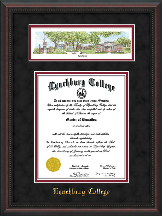 Image of Lynchburg College Diploma Frame - Mahogany Braid - w/Embossed School Name Only - Campus Collage - Black Suede on Crimson mat