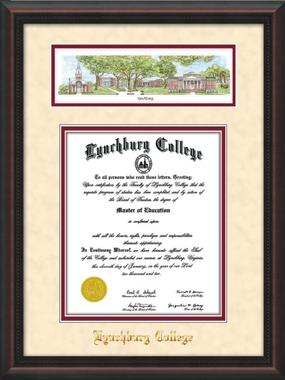 Image of Lynchburg College Diploma Frame - Mahogany Braid - w/Embossed School Name Only - Campus Collage - Cream Suede on Crimson mat