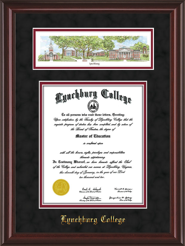 Image of Lynchburg College Diploma Frame - Mahogany Lacquer - w/Embossed School Name Only - Campus Collage - Black Suede on Crimson mat