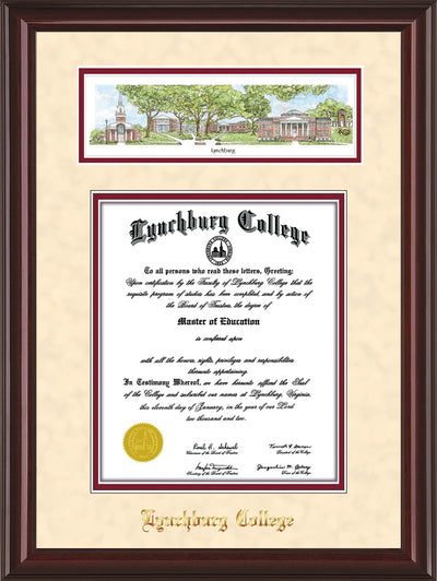 Image of Lynchburg College Diploma Frame - Mahogany Lacquer - w/Embossed School Name Only - Campus Collage - Cream Suede on Crimson mat