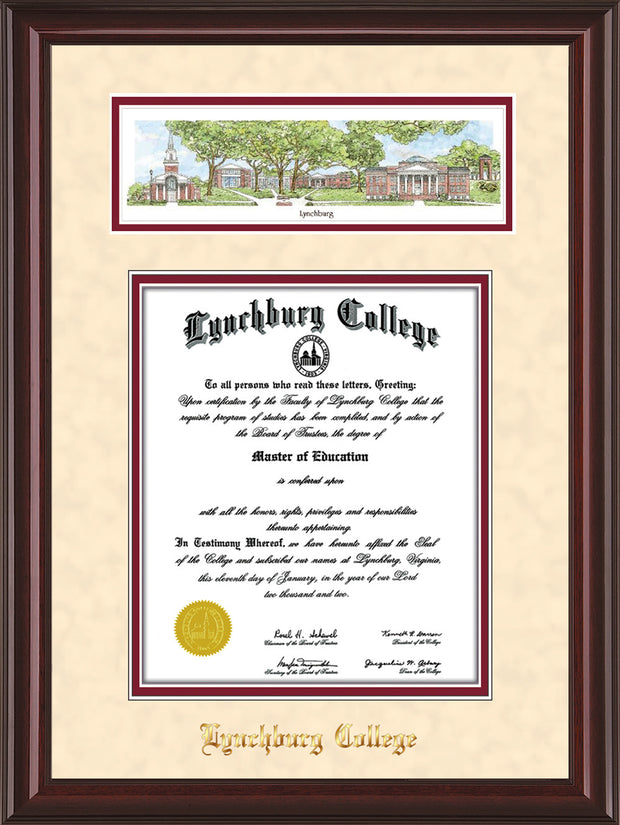 Image of Lynchburg College Diploma Frame - Mahogany Lacquer - w/Embossed School Name Only - Campus Collage - Cream Suede on Crimson mat