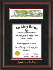 Image of Lynchburg College Diploma Frame - Rosewood - w/Embossed School Name Only - Campus Collage - Black Suede on Crimson mat