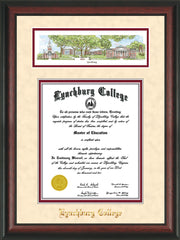 Image of Lynchburg College Diploma Frame - Rosewood - w/Embossed School Name Only - Campus Collage - Cream Suede on Crimson mat
