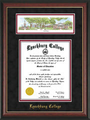 Image of Lynchburg College Diploma Frame - Rosewood w/Gold Lip - w/Embossed School Name Only - Campus Collage - Black Suede on Crimson mat
