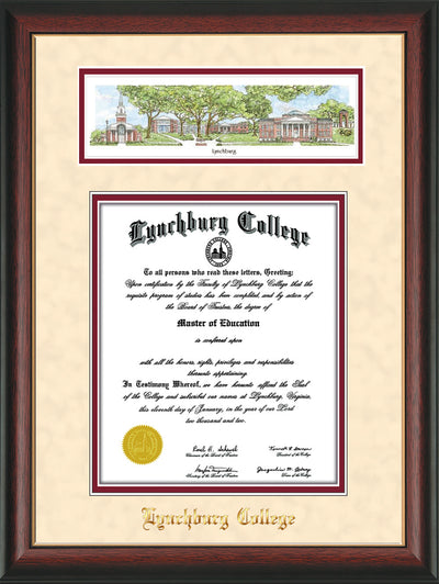 Image of Lynchburg College Diploma Frame - Rosewood w/Gold Lip - w/Embossed School Name Only - Campus Collage - Cream on Crimson mat