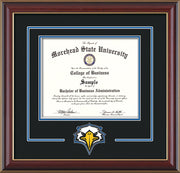 Image of Morehead State University Diploma Frame - Cherry Lacquer - w/Laser MSU Logo Cutout - Black on Royal Blue mat
