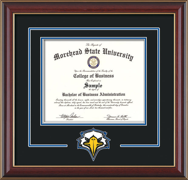 Image of Morehead State University Diploma Frame - Cherry Lacquer - w/Laser MSU Logo Cutout - Black on Royal Blue mat