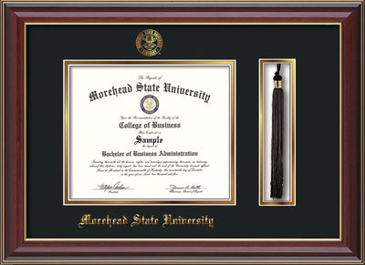 Image of Morehead State Univerity Diploma Frame - Cherry Lacquer - w/Embossed MSU Seal & Name - Tassel Holder - Black on Gold mat