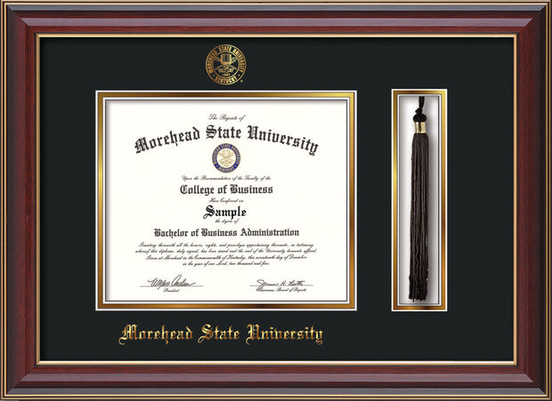 Image of Morehead State Univerity Diploma Frame - Cherry Lacquer - w/Embossed MSU Seal & Name - Tassel Holder - Black on Gold mat
