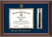 Image of Morehead State Univerity Diploma Frame - Cherry Lacquer - w/Embossed MSU Seal & Name - Tassel Holder - Navy on Gold mat