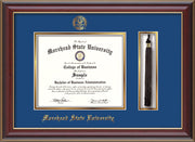 Image of Morehead State Univerity Diploma Frame - Cherry Lacquer - w/Embossed MSU Seal & Name - Tassel Holder - Royal Blue on Gold mat