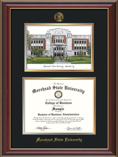 Image of Morehead State Univerity Diploma Frame - Cherry Lacquer - w/Embossed MSU Seal & Name - Watercolor - Black on Gold mat