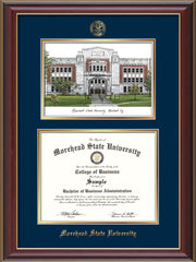 Image of Morehead State Univerity Diploma Frame - Cherry Lacquer - w/Embossed MSU Seal & Name - Watercolor - Navy on Gold mat