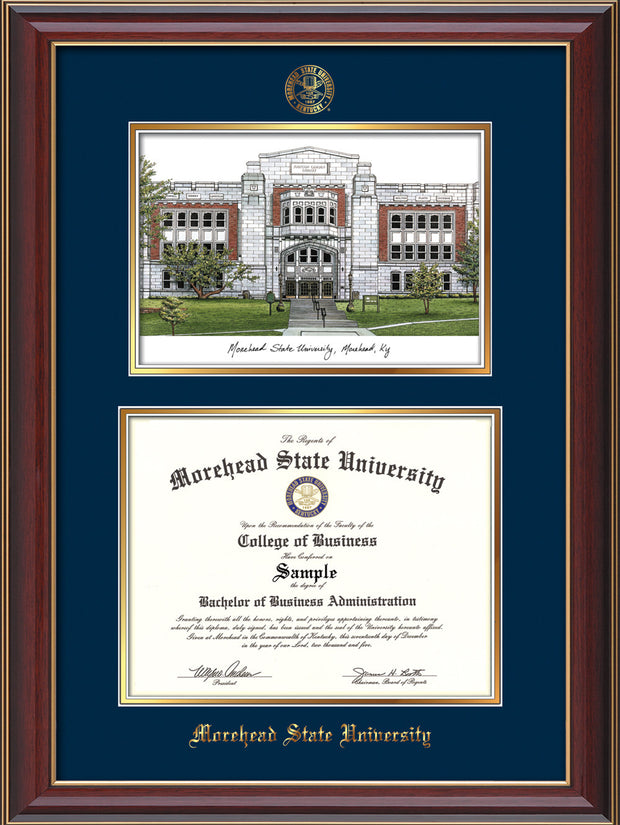 Image of Morehead State Univerity Diploma Frame - Cherry Lacquer - w/Embossed MSU Seal & Name - Watercolor - Navy on Gold mat