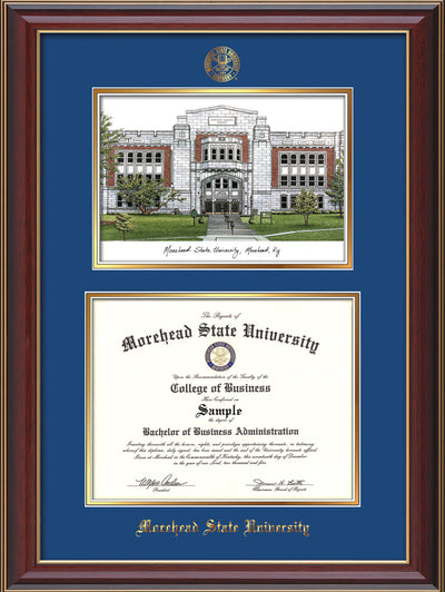 Image of Morehead State Univerity Diploma Frame - Cherry Lacquer - w/Embossed MSU Seal & Name - Watercolor - Royal Blue on Gold mat