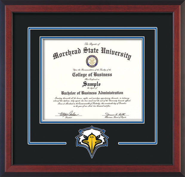 Image of Morehead State University Diploma Frame - Cherry Reverse - w/Laser MSU Logo Cutout - Black on Royal Blue mat
