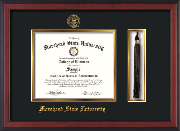 Image of Morehead State Univerity Diploma Frame - Cherry Reverse - w/Embossed MSU Seal & Name - Tassel Holder - Black on Gold mat