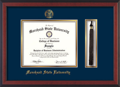 Image of Morehead State Univerity Diploma Frame - Cherry Reverse - w/Embossed MSU Seal & Name - Tassel Holder - Navy on Gold mat