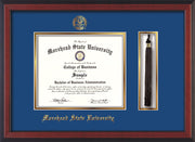 Image of Morehead State Univerity Diploma Frame - Cherry Reverse - w/Embossed MSU Seal & Name - Tassel Holder - Royal Blue on Gold mat