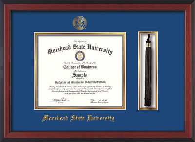 Image of Morehead State Univerity Diploma Frame - Cherry Reverse - w/Embossed MSU Seal & Name - Tassel Holder - Royal Blue on Gold mat