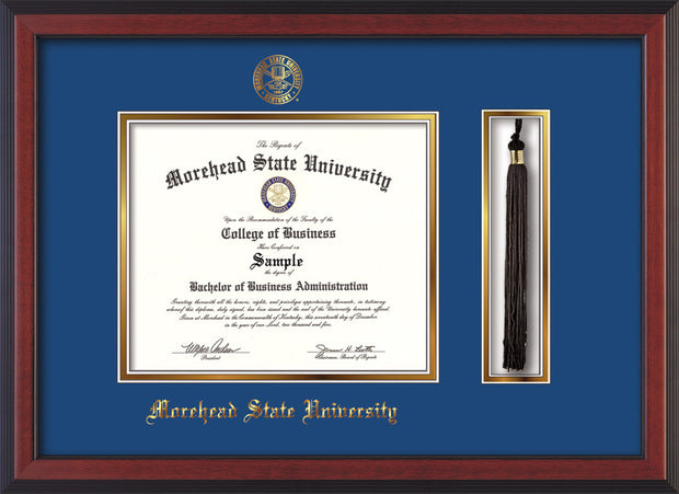 Image of Morehead State Univerity Diploma Frame - Cherry Reverse - w/Embossed MSU Seal & Name - Tassel Holder - Royal Blue on Gold mat