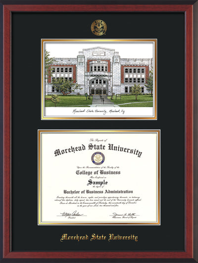Image of Morehead State Univerity Diploma Frame - Cherry Reverse - w/Embossed MSU Seal & Name - Watercolor - Black on Gold mat