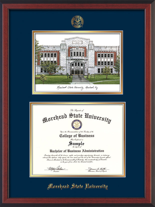 Image of Morehead State Univerity Diploma Frame - Cherry Reverse - w/Embossed MSU Seal & Name - Watercolor - Navy on Gold mat