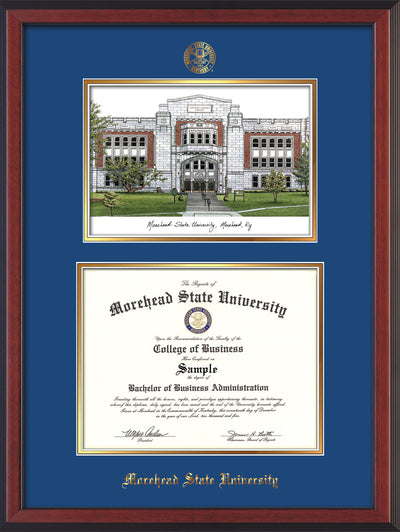 Image of Morehead State Univerity Diploma Frame - Cherry Reverse - w/Embossed MSU Seal & Name - Watercolor - Royal Blue on Gold mat