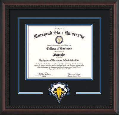 Image of Morehead State University Diploma Frame - Mahogany Braid - w/Laser MSU Logo Cutout - Black on Royal Blue mat