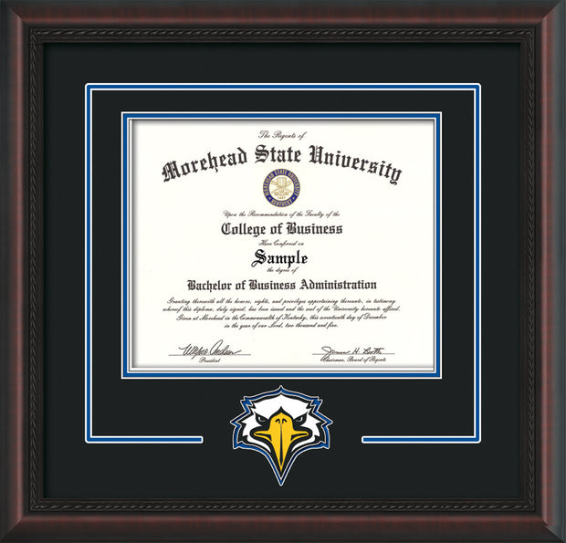 Image of Morehead State University Diploma Frame - Mahogany Braid - w/Laser MSU Logo Cutout - Black on Royal Blue mat