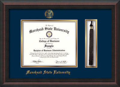 Image of Morehead State Univerity Diploma Frame - Mahogany Braid - w/Embossed MSU Seal & Name - Tassel Holder - Navy on Gold mat