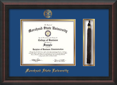 Image of Morehead State Univerity Diploma Frame - Mahogany Braid - w/Embossed MSU Seal & Name - Tassel Holder - Royal Blue on Gold mat