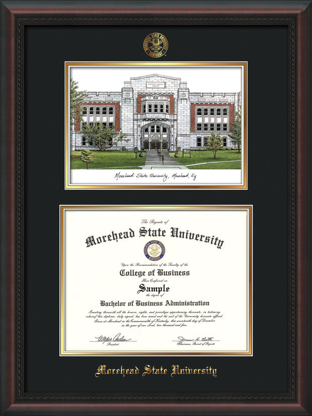 Image of Morehead State Univerity Diploma Frame - Mahogany Braid - w/Embossed MSU Seal & Name - Watercolor - Black on Gold mat