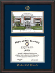 Image of Morehead State Univerity Diploma Frame - Mahogany Braid - w/Embossed MSU Seal & Name - Watercolor - Navy on Gold mat