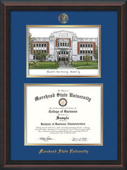 Image of Morehead State Univerity Diploma Frame - Mahogany Braid - w/Embossed MSU Seal & Name - Watercolor - Royal Blue on Gold mat