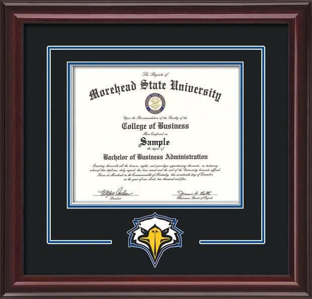 Image of Morehead State University Diploma Frame - Mahogany Lacquer - w/Laser MSU Logo Cutout - Black on Royal Blue mat