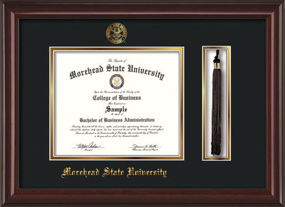 Image of Morehead State Univerity Diploma Frame - Mahogany Lacquer - w/Embossed MSU Seal & Name - Tassel Holder - Black on Gold mat