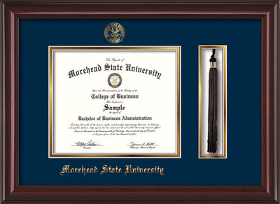 Image of Morehead State Univerity Diploma Frame - Mahogany Lacquer - w/Embossed MSU Seal & Name - Tassel Holder - Navy on Gold mat