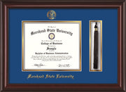 Image of Morehead State Univerity Diploma Frame - Mahogany Lacquer - w/Embossed MSU Seal & Name - Tassel Holder - Royal Blue on Gold mat