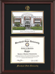 Image of Morehead State Univerity Diploma Frame - Mahogany Lacquer - w/Embossed MSU Seal & Name - Watercolor - Black on Gold mat