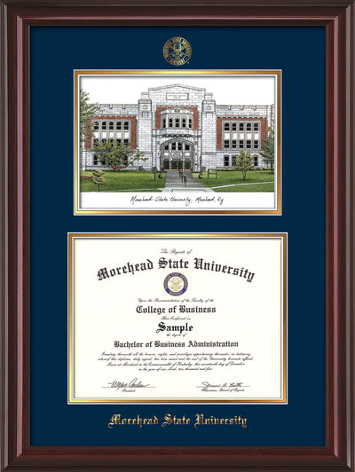 Image of Morehead State Univerity Diploma Frame - Mahogany Lacquer - w/Embossed MSU Seal & Name - Watercolor - Navy on Gold mat