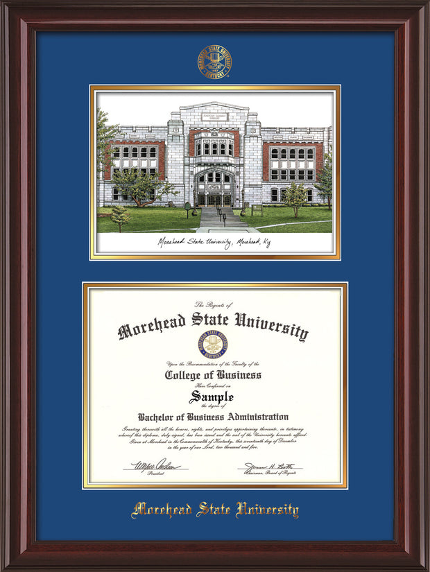 Image of Morehead State Univerity Diploma Frame - Mahogany Lacquer - w/Embossed MSU Seal & Name - Watercolor - Royal Blue on Gold mat