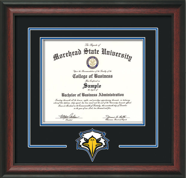 Image of Morehead State University Diploma Frame - Rosewood - w/Laser MSU Logo Cutout - Black on Royal Blue mat