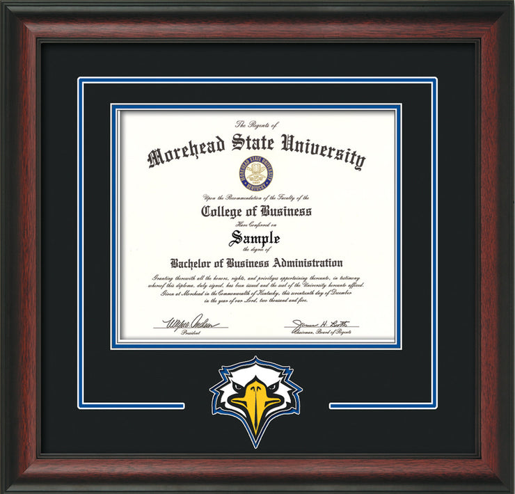 Image of Morehead State University Diploma Frame - Rosewood - w/Laser MSU Logo Cutout - Black on Royal Blue mat