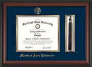 Image of Morehead State Univerity Diploma Frame - Rosewood - w/Embossed MSU Seal & Name - Tassel Holder - Navy on Gold mat