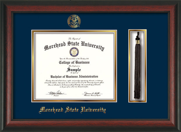 Image of Morehead State Univerity Diploma Frame - Rosewood - w/Embossed MSU Seal & Name - Tassel Holder - Navy on Gold mat