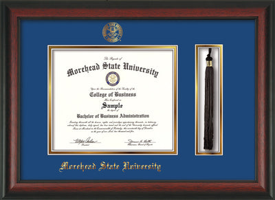 Image of Morehead State Univerity Diploma Frame - Rosewood - w/Embossed MSU Seal & Name - Tassel Holder - Royal Blue on Gold mat